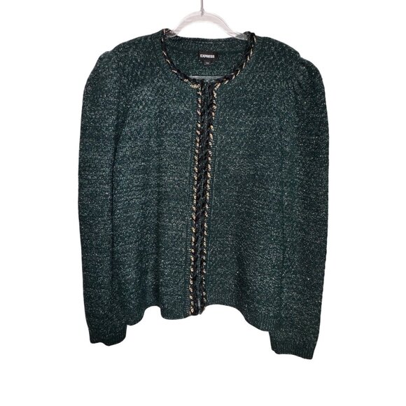 Express Womens XL Green Boucle Cardigan Sweater With Gold Braided Trim Classic - Picture 1 of 7